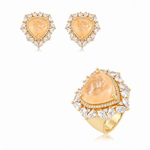 Conjunto coração de brinco e anel com zircônia cristal e pedra fusion morganita banho em ouro 18k