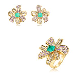 Conjunto de Brinco e Anel Flor com Pedra Fusion Turmalina e Zircônia cristal Banho em Ouro 18K