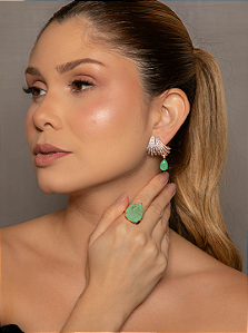 Conjunto de Brinco e Anel Gota com Pedra Fusion turmalina Banho em Ouro 18K