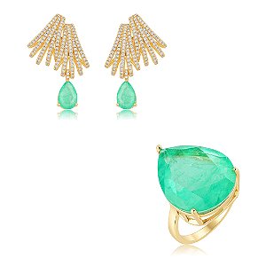 Conjunto de Brinco e Anel Gota com Pedra Fusion turmalina Banho em Ouro 18K