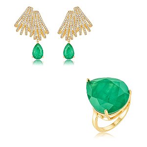 Conjunto de Brinco e Anel Gota com Pedra Fusion Esmeralda Banho em Ouro 18K