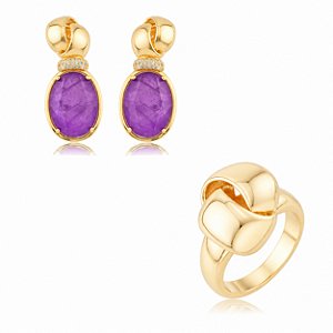 Conjunto de Brinco e Anel Liso com zircônia e Pedra Fusion Fúcsia Banho em Ouro 18K