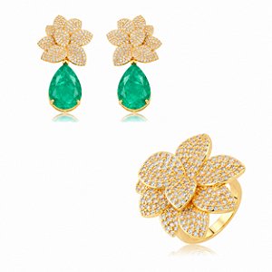 Conjunto de Brinco e Anel Flor cravejado com Pedra Fusion Banho em Ouro 18K