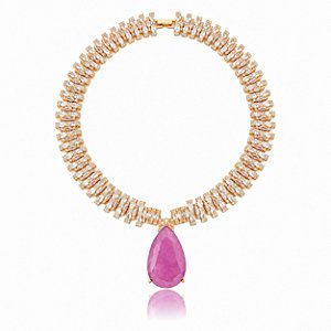 Colar Cravejado de zircônia e pingente em pedra Fusion Pink Banho em Ouro 18K