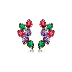Brinco Gota cravejado em zircônia Colorida Banho em ouro 18k