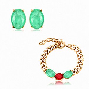 Conjunto de Brinco e Pulseira corrente com Pedra Fusion turmalina e Rubi Banho em Ouro 18K