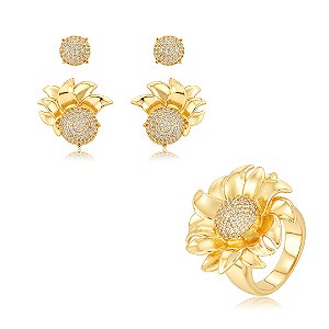 Conjunto de Brinco duplo e Anel Flor Liso com detalhe em Zircônia cristal Banho em Ouro 18K