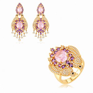 Conjunto Luxo de Brinco e Anel em zircônia cristal e Pedra Fusion Rodonita Banho em Ouro 18K