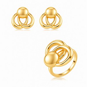 Conjunto de Brinco e Anel Dourado Liso Banho em Ouro 18K