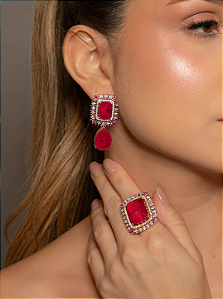 Conjunto de Brinco e Anel com Pedra Fusion Pink e Zircônias Banho em Ouro 18K