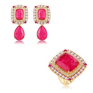 Conjunto de Brinco e Anel com Pedra Fusion Pink e Zircônias Banho em Ouro 18K