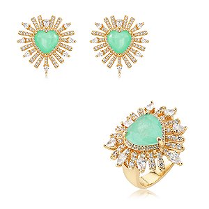 Conjunto de Brinco e Anel Coração cravejado com Pedra Fusion Turmalina Banho em Ouro 18K