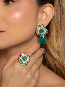 Conjunto Luxo de Brinco e Anel Flor com Pedra Fusion Turmalina Banho em Ouro 18K
