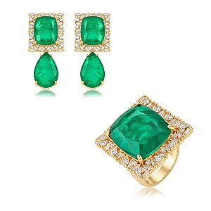 Conjunto de Brinco e Anel com Pedra Fusion Esmeralda e zircônia cristal Banho em Ouro 18K