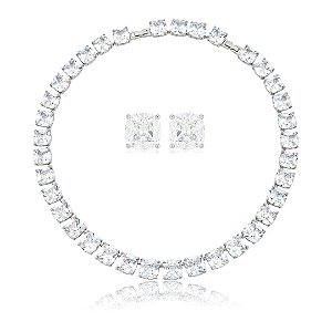 Conjunto de luxo de brinco e colar cravejado de zircônia cristal banho em ródio branco