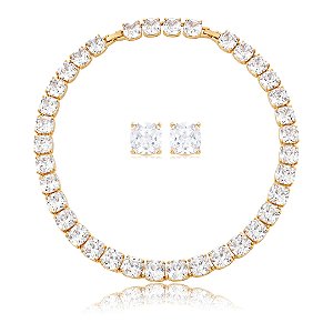 Conjunto de luxo de brinco e colar cravejado de zircônia cristal banho em ouro 18k