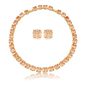 Conjunto de luxo de brinco e colar cravejado de zircônia champanhe banho em ouro 18k