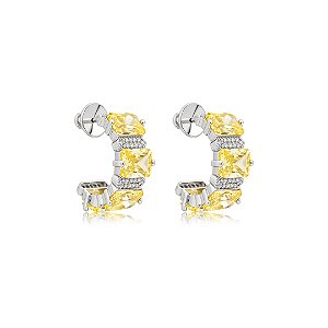 Brinco de argola cravejado de zircônia yellow fancy banho em ródio branco
