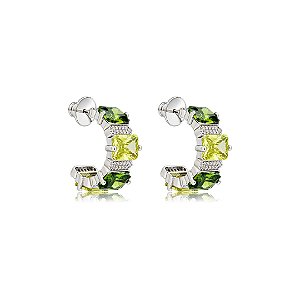 Brinco de argola cravejado de zircônia oliva banho em ródio branco
