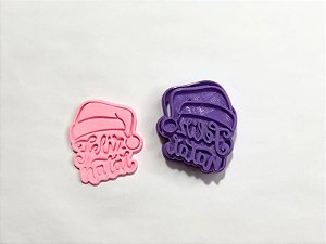 Cortador de biscoito Feliz Natal com gorro com carimbo