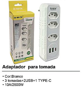 Adaptador Para Tomata 3 Tomadas+2USB+1 TIPO-C B-MAX BM-8702A