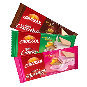 Wafer Girassol Atacado Caixa 50 Unidades 60gr Morango Limão Chocolate