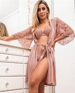 Robe em Microfibra Acetinado e Mangas com Renda