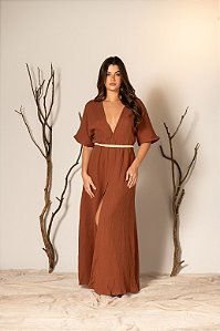 Vestido Longo Decote Meia Manga Marrom