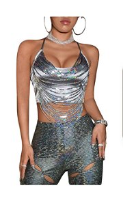 Cropped cetim prata com lantejoulas