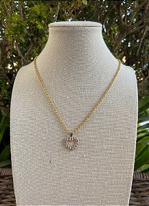 COLAR DOURADO COM PINGENTE CORACAO CRAVEJADO PRATA