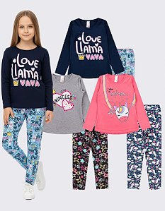 KIT 3 CONJUNTOS COM CALÇA LEGGING MENINA INVERNO (ESTAMPAS SORTIDAS)