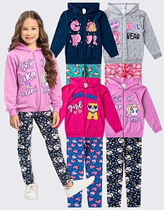 KIT 4 CONJUNTOS MOLETOM INFANTIL COM ZIPER MENINA INVERNO (ESTAMPAS SORTIDAS)