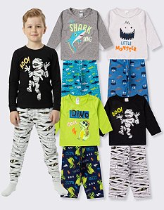 KIT 4 PIJAMAS MANGA LONGA INFANTIL MENINO INVERNO (ESTAMPAS SORTIDAS)