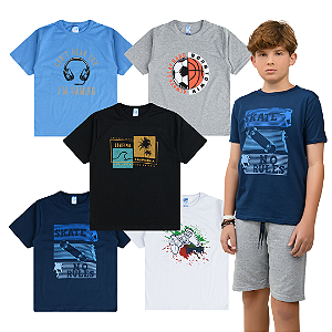 KIT 5 CAMISETAS MANGA CURTA JUVENIL MENINO VERÃO (ESTAMPAS SORTIDAS)