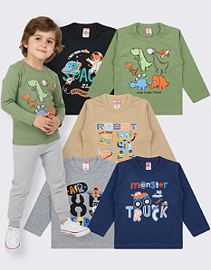 KIT 5 CAMISETAS MANGA LONGA INFANTIL MENINO INVERNO (ESTAMPAS SORTIDAS)