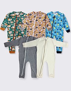 KIT 5 MACACÃO BEBE MENINO COM ABERTURA DE ZIPER MANGA LONGA (ESTAMPAS SORTIDAS)