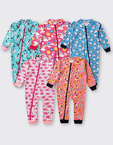 KIT 5 MACACÃO BEBE ABERTURA COM ZIPER MENINA MANGA LONGA (ESTAMPAS SORTIDAS)