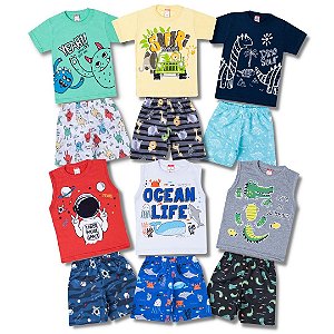 KIT 6 CONJUNTOS INFANTIL TACTEL MENINO VERÃO (ESTAMPAS SORTIDAS)
