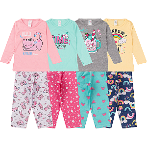KIT 4 PIJAMAS INFANTIL MENINA INVERNO PROMOÇÃO FRIO (ESTAMPAS SORTIDAS)