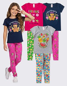 KIT 3 CONJUNTOS MENINA CALÇA LEGGING ROUPA INFANTIL (ESTAMPAS SORTIDAS)