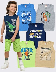 KIT 5 CAMISETAS REGATA INFANTIL MENINO VERÃO (ESTAMPAS SORTIDAS)