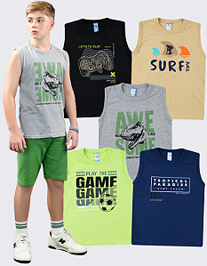 KIT 5 CAMISETAS REGATA JUVENIL MENINO VERÃO (ESTAMPAS SORTIDAS)