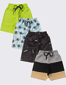 Kit 4 Shorts Infantil Juvenil Menino Bermuda Verão (ESTAMPAS SORTIDAS)
