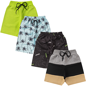 Kit 4 Shorts Infantil Juvenil Menino Bermuda Verão (ESTAMPAS SORTIDAS)