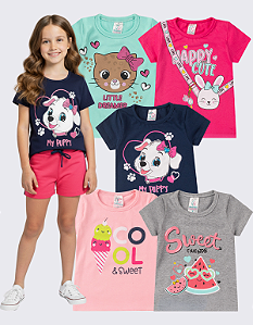 Kit 5 CAMISETAS MENINA MANGA CURTA INFANTIL (ESTAMPAS SORTIDAS)