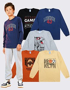KIT 5 CAMISETAS MANGA LONGA JUVENIL MENINO (ESTAMPAS SORTIDAS)