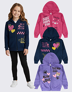KIT 3 JAQUETA MOLETOM INFANTIL JUVENIL MENINA ZIPER (ESTAMPAS SORTIDAS)