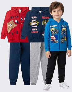 KIT 2 CONJUNTO MOLETOM MENINO ZÍPER (ESTAMPAS SORTIDAS)
