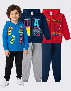 KIT 2 CONJUNTO MOLETOM MENINO ZÍPER (ESTAMPAS SORTIDAS)