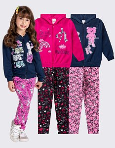 KIT 2 CONJUNTO MOLETOM MENINA ZÍPER (ESTAMPAS SORTIDAS)